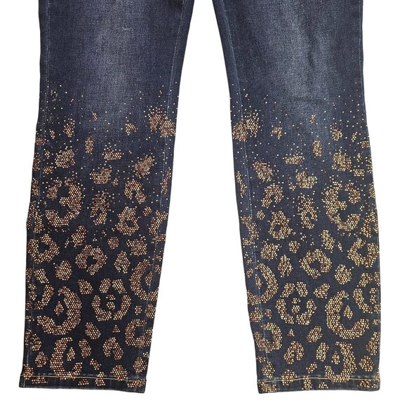 Frank Lyman Womens Denim Jeans With Gold Leopard Print Design L/G - Picture 4 of 7